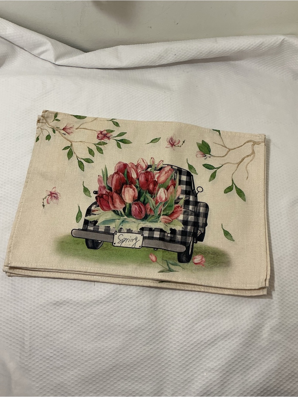 Spring Tulip Truck Decorative Kitchen Towel - Cream